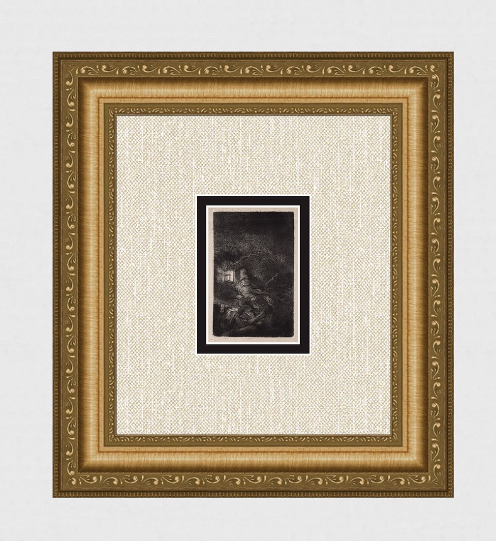 1800s REMBRANDT B57 Etching Flight in to Egypt at Night Durand: After Rembrandt Harmenszoon Van Rijn (1606-1669). Title: The Rest on the Flight: A Night Piece. Medium: Antique hand pulled copper plate etching on laid paper after the original by master etcher Amand