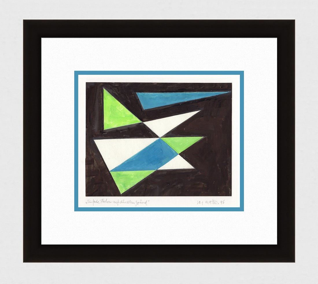 Mathis Original Gouache Simple Forms Framed Swiss: Josef Johann Mathis (Joe Mathis, 1913 - 2002; Swiss). Simple Forms on dark Ground (Einfache Flaechen auf dunklem Grund). Original Mixed Media Gouache on paper. Year: 1996. Hand signed and dated in pen