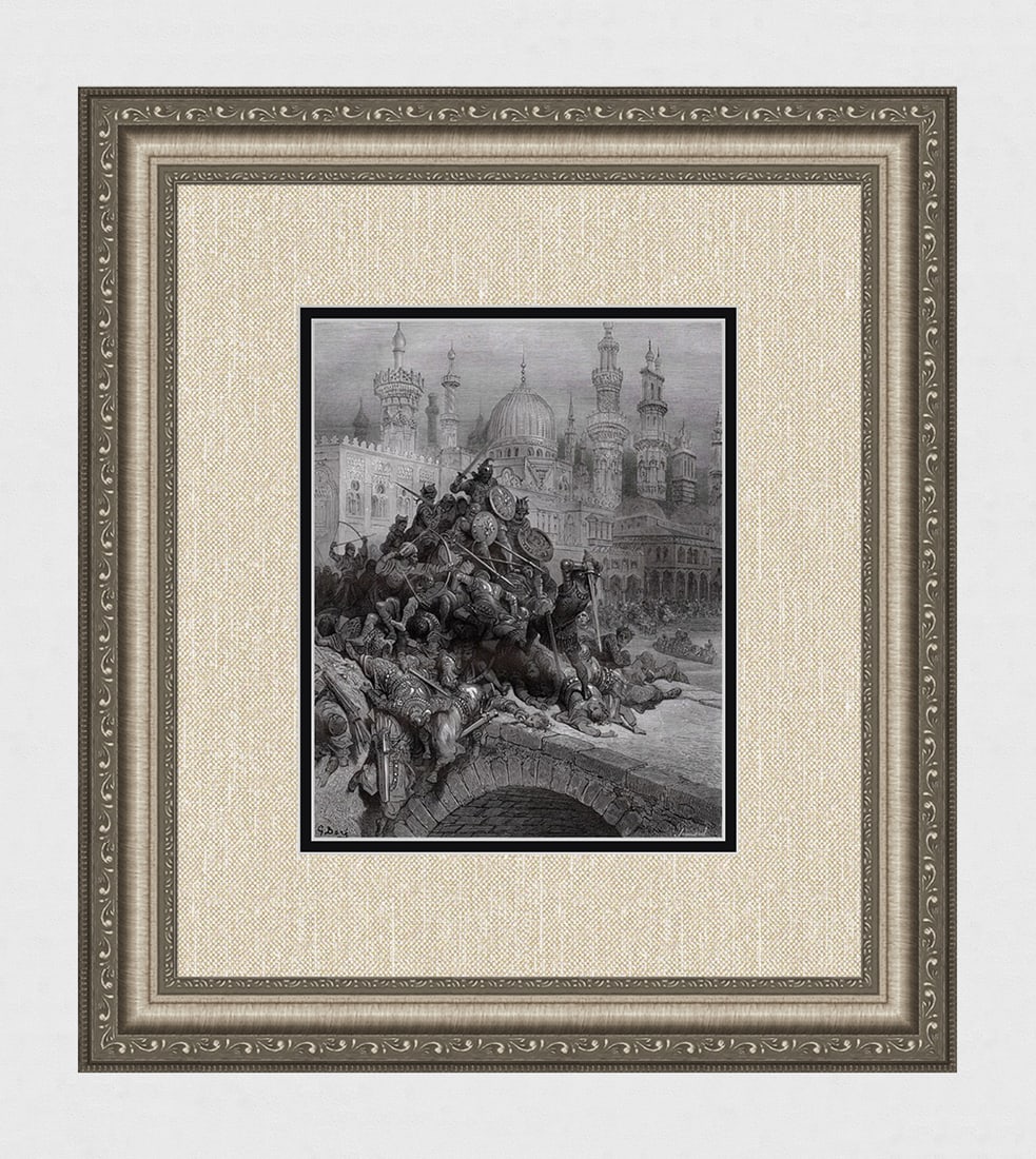 GUSTAVE DORE 1800s Woodcut Grifone Holds Norandino?s Men at Bay Signed Framed: Gustave Dore (Paul Gustave Louis Christophe Dore )(French, 1832-1883). Back in Damascus, Grifone holds Norandino?s Men at Bay (From Orlando Furioso). Antique woodcut on wove paper after the original I