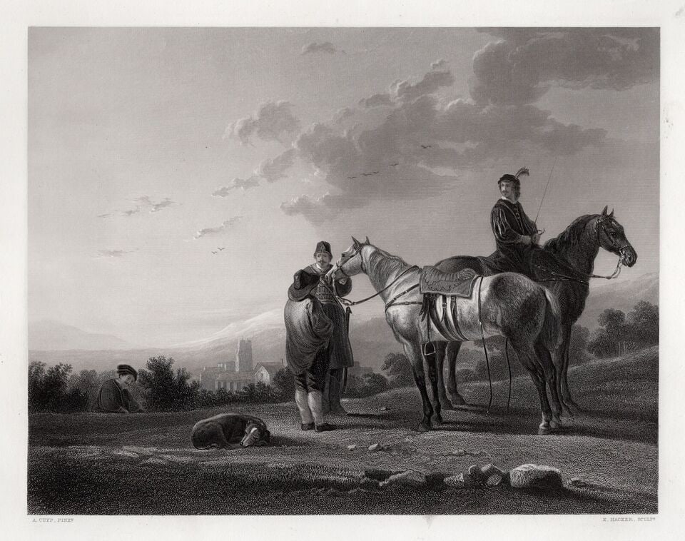 Aelbert CUYP SIGNED 1800s Engraving The Cavalry & the Peasant Framed: Aelbert Cuyp (Aelbert Jacobsz Cuyp) (Dutch 1620 ? 1691). The Troopers. Antique engraving on wove paper after the original by Master Engraver Edward H Hacker (British, 1813?1905). Year: 1856. Signed in