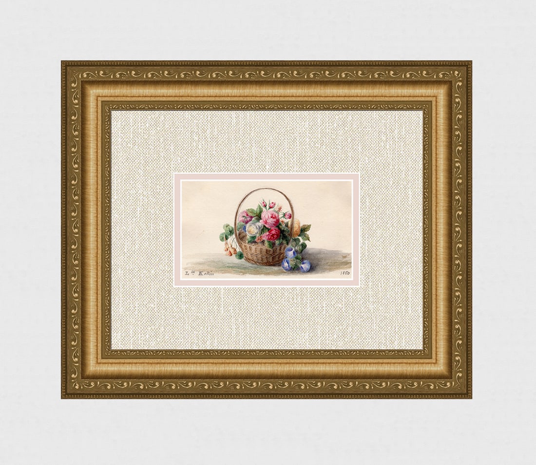 1850 Laure Kellin watercolor Rose basket Signed Dated: Laure Kellin (French, Active 1840's). Rose Basket. Watercolor on wove paper. Signed and dated. Year: 1850. Dimensions:?Image size 3 1/2 x 6 inches.?Framed dimensions:?Approximately 14 x 16 inches.?Fra