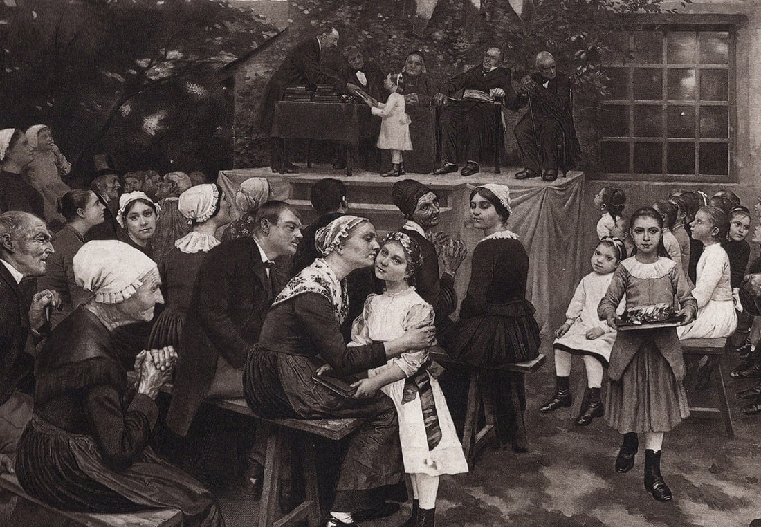Aime Perret 1800s Antique Print Distribution of Prizes Frame Signed: Aime Perret (French, 1847 - 1927). Distribution of Prizes.Antique heliogravure on thick wove paper after the original. Year: c. 1890. Signed in the plate, lower right. Image Size 7 3/4 x 10 inches. Fr