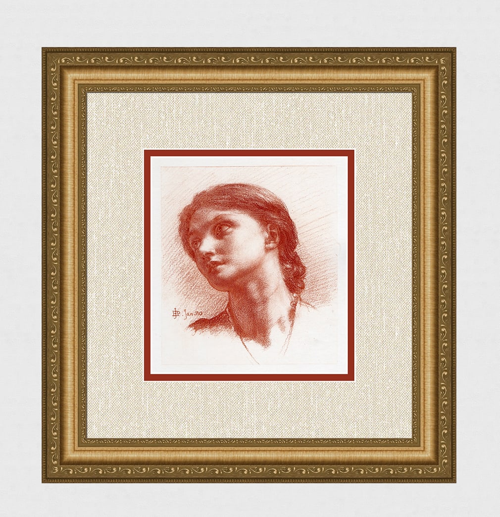1800s Edward John Poynter Antique print "A Female Head" Framed: Sir Edward John Poynter, 1st Baronet (English, 1836-1919). A Female Head. Antique heliogravure on wove paper after the original by a Master Engraver. Year: 1881. Image Size 6 3/4 x 7 5/8 inches. Frame
