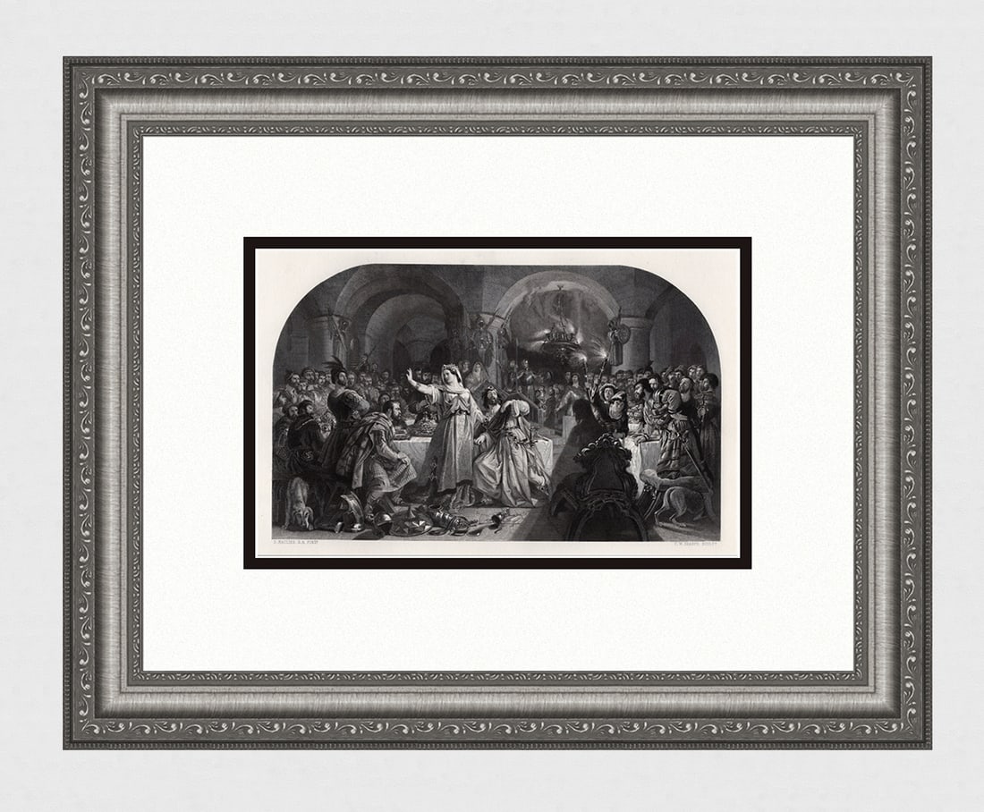 Daniel Maclise 1879 engraving Macbeth signed: Daniel Maclise. (Irish, 1806-1870). The Banquet Scene in "Macbeth". Antique engraving on wove paper after the original oil paint on canvas by master engraver Charles William Sharpe (British, 1818-1899