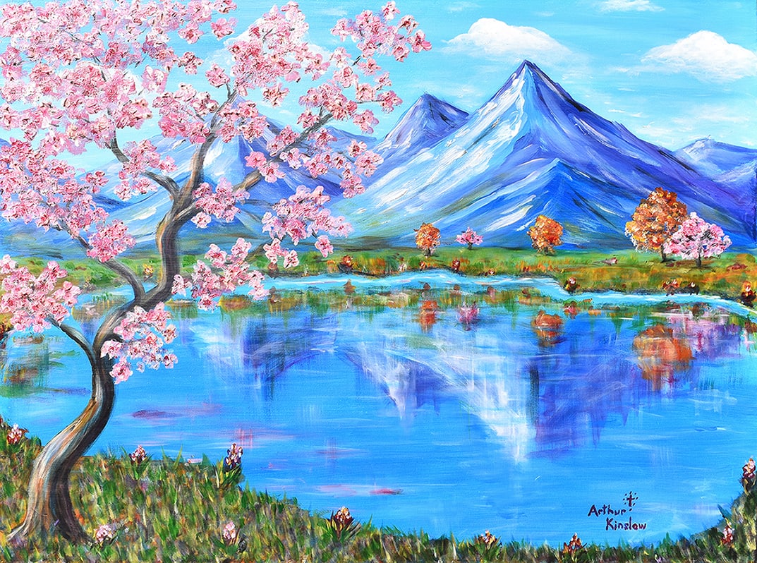 Arthur Kinslow Orginal Painting Cherry Blossoms 36 x 48 Inches: Arthur Kinslow ( American, 1955 - ) Cherry Blossoms. Original Acrylic on Canvas.Signed by the artist lower right. Canvas Size 36 x 48 inches. Arthur Kinslow has been involved in art his entire life an