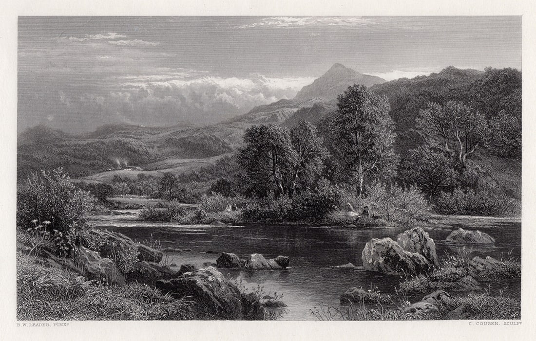 Benjamin Williams Leader On the Llugy, North Wales 1878 engraving: Benjamin Williams Leader. (English, 1831 - 1923). On the Llugy, North Wales. Antique steel engraving on wove paper after the original painting by master engraver Charles Cousen (1819 - 1889). 1878. Si