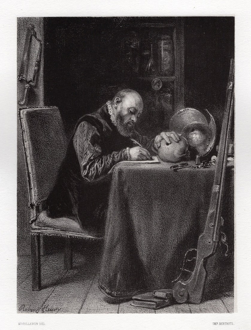 SIGNED 1800s Joseph Nicolas ROBERT-FLEURY Lithograph AMBROISE PARE Framed: Joseph Nicolas Robert-Fleury (French, 1797-1890). Ambroise Par?. Antique lithograph on wove paper after the original by Adolphe Mouilleron (French, 1820-1881). Year: 1844. Signed in the plate, lower l