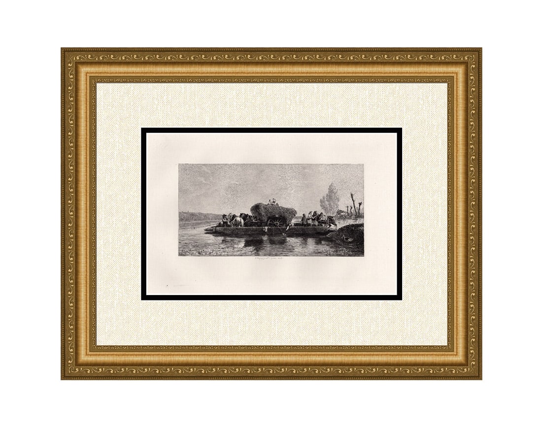 Jules Jacques Veyrassat 1872 etching A Horse Ferry on the Seine signed: Jules Jacques Veyrassat. (French, 1828 - 1893). A Horse Ferry on the Seine. Antique etching on thick laid paper. 1872. Signed in the plate. Excellent. Image size 7 1/4 x 11 inches. Framed dimensions a