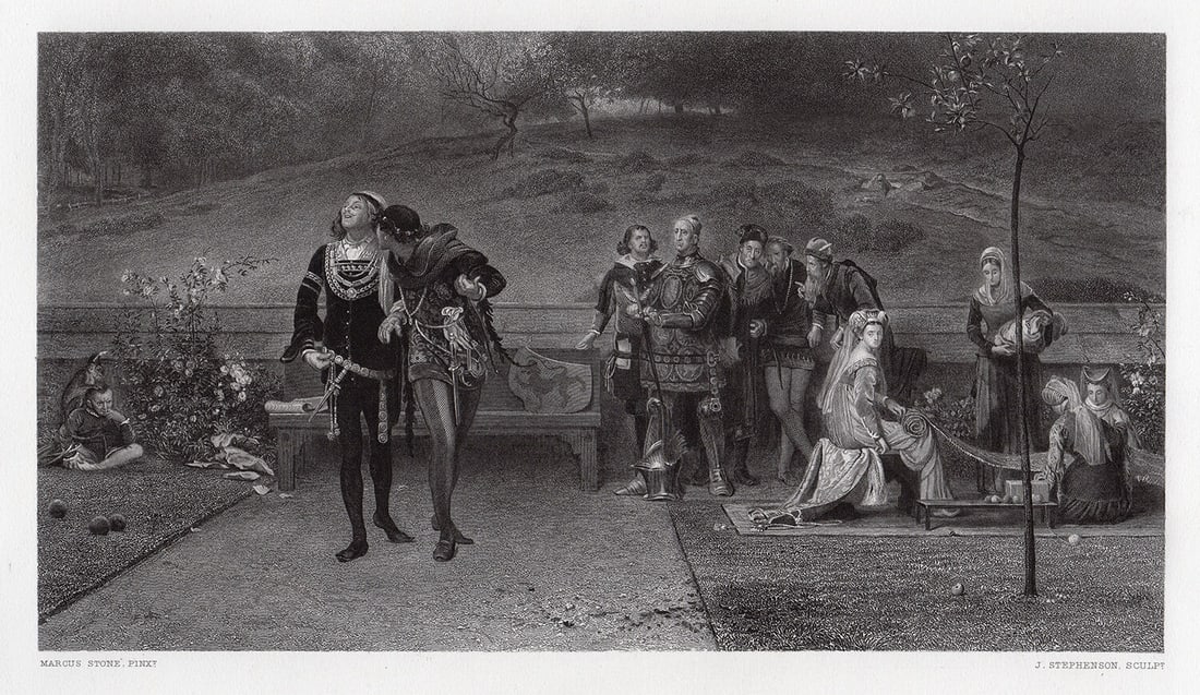 1875 Marcus Stone Edward II and Piers Gaveston engraving signed: Marcus Stone. (English, 1840-1921). Edward II and Piers Gaveston. Antique steel engraving on wove paper after the original painting by master engraver James Stephenson (English, 1808-1886). 1875. Sign