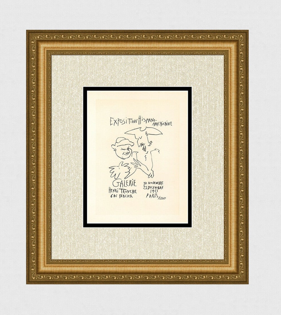 Pablo Picasso Antique Exposition Poster "Hispano-Americaine" SIGNED Framed: Pablo Picasso (1881 - 1973). Exposition Hispano-Americaine II. Color Lithograph after the Original Poster. 1959. Signed in the plate. Sauret. Atelier Mourlot. Image Size - 6 3/8 x 8 7/8 inches. Framed