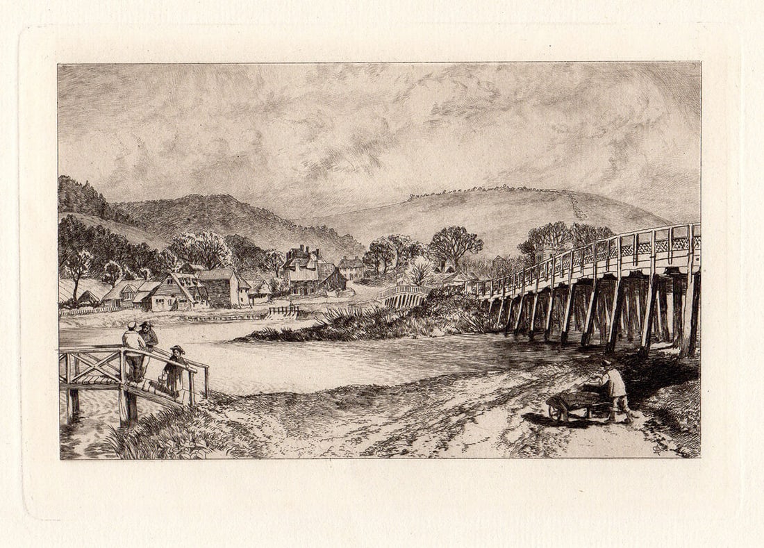 Alfred Dawson Streatley etching signed: Alfred Dawson. (British, 1843-1931). "Streatley". Antique copper plate etching on thick laid paper. 1884. Signed in the plate. Excellent . Image size 5 x 7 1/4 inches. Approximately 14 x16 inches. Thi