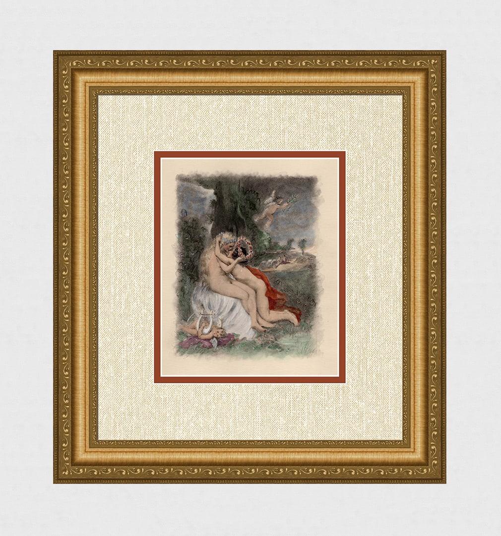 ORIGINAL 1947 Paul-Emile Becat Lithograph The First Kiss Framed LIMITED: Paul-Emile Becat (French, 1885 - 1960). First Kiss, The Roses or the Harvest of Venus(Les Roses ou la Moisson de Venus, Premier Baiser). Original lithograph on velin paper. Year: 1947. Numbered limite