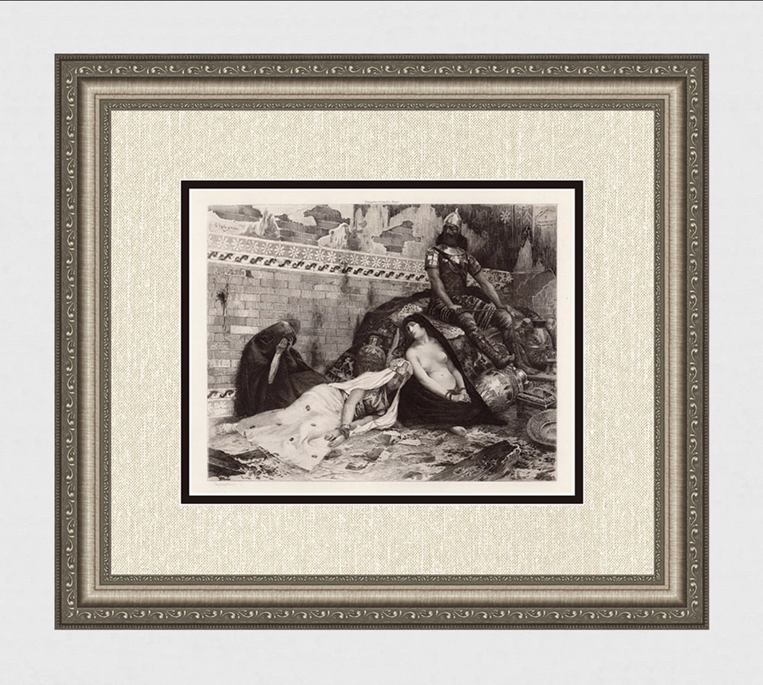 Georges Antoine Rochegrosse 1800s Etching "The Booty" SIGNED FRAMED: Georges Antoine Rochegrosse (French, 1859 - 1938). Le Butin (The Booty). Antique etching on wove paper after the original painting by master etcher Eug?ne Andr? Champollion (French, 1848-1901). Year: 