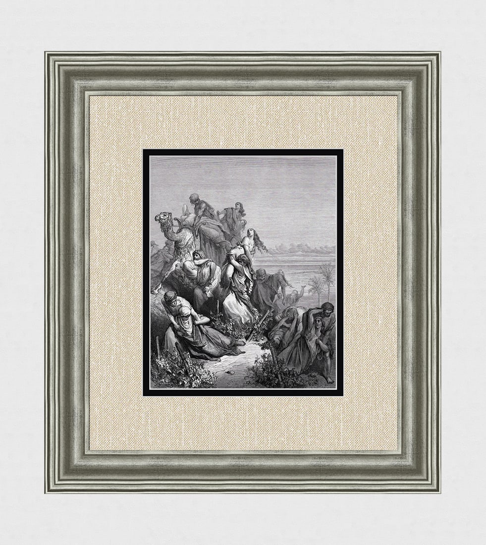 Gustave DORE'S BIBLE 1800s Woodcut WIVES FOR THE BENJAMITES Framed Signed: Gustave Dore (Paul Gustave Louis Christophe Dore) (French, 1832-1883). The Benjaminites take the Virgins of Jabesh Gilead (From Dore's Bible). Antique woodcut wove paper after the original by a master