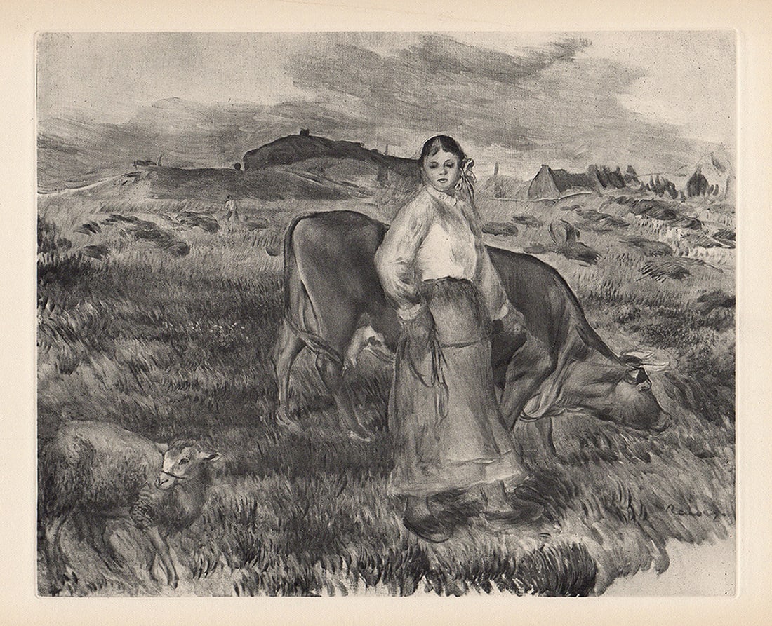 Gallery Framed 1919 RENOIR Limited Engraving "Shepherdess Cow & Ewe" SIGNED: Pierre Auguste Renoir (1841 - 1919). The Shepherdess, the Cow and the Sheep (La Bergere, la vache et le mouton). Antique copper plate heliogravure engraving on Japon Imperial Paper hand pulled by Emil