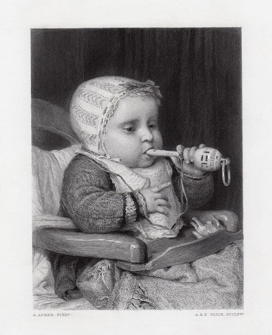 Albrecht Anker 1875 engraving Baby with Rattle signed Framed (1 of 3)