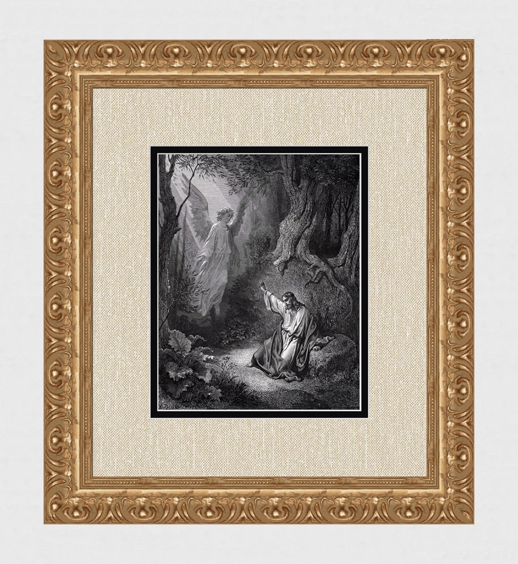 GUSTAVE DORE 1800s Biblical Woodcut The Prayer in the Garden FRAMED SIGNED: Gustave Dore (Paul Gustave Louis Christophe Dore) (French, 1832-1883). The Agony in the Garden (from Dore's Bible). Antique woodcut wove paper after the original by a master wood engravers Adolphe Fra