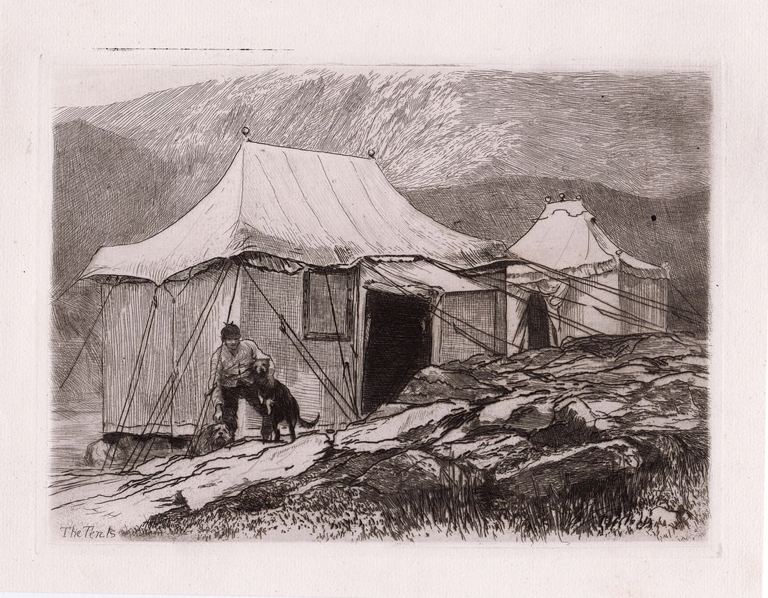 1880 Sir Hubert von Herkomer The Tents (Lake Idwal) etching signed: Sir Hubert von Herkomer. (Hubert Herkomer) (British, 1849-1914). "The Tents" (Lake Idwal). Antique etching on thick laid paper. 1880. Signed in the plate lower left. Excellent. Image size 6 3/4 x 9 1/