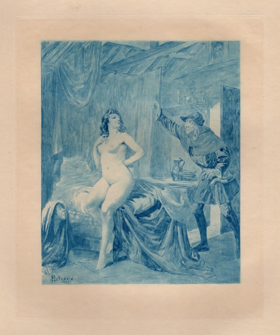 Signed Edmond Malassis Limited NUDE Engraving The Interruption Framed: Edmond Malassis (French, 1874 - 1944). The Interruption I (L'interruption I) (Cent Nouvelles Nouvelles). Vintage copper plate engraving in blue ink on Velin paper after the original by master engraver