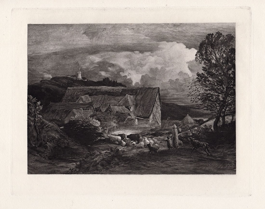 Samuel Palmer The Farmyard 1885 engraving: Samuel Palmer. (British, 1805-1881). The Farmyard. Antique engraving on wove paper after the original watercolor by master engraver Dujardin. 1885. Excellent. Image Size 6 5/8 x 8 3/8 inches. Approxim