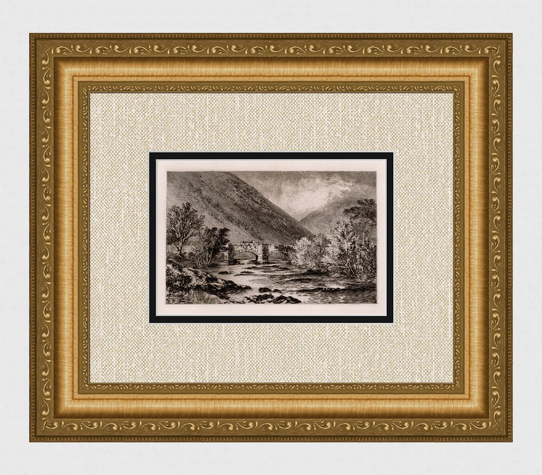 Alfred Dawson Fingle Bridge, Dartmoor 1889 etching: Alfred Dawson. (British, 1843-1931). Fingle Bridge, Dartmoor. Antique Etching on thick laid paper from the original copper plate. 1889. Signed in the plate, lower left. Excellent. Image 4 1/2 x 6 3/4 