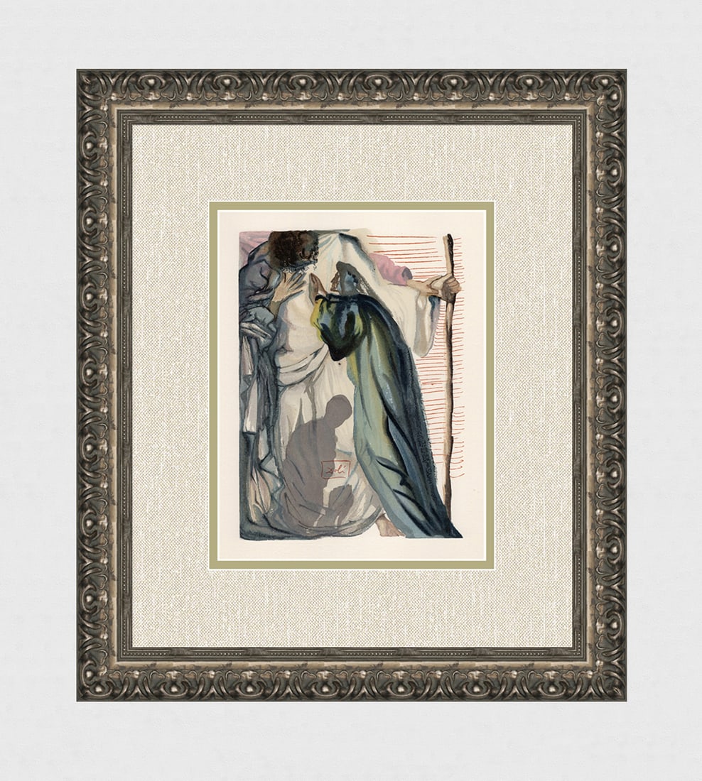 1960 Salvador Dali Spirit Authentic Woodcut Signed: Salvador Dali. (1904-1989). "A Spirit Questions Dante" Purgatory Canto 15. Block Engraved Signature. Authentic Original Color Woodcut from The Divine Comedy Printed in 1960 on B.F.K. Rives Paper ( thi