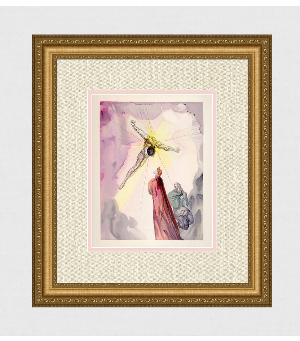 1960 Salvador Dali Christ Authentic Woodcut: Salvador Dali. (1904-1989). "Christ's Apparition" Paradise Canto 14. Authentic Original Color Woodcut from The Divine Comedy Printed in 1960 on B.F.K. Rives Paper ( this is not a reproduction, copy, o