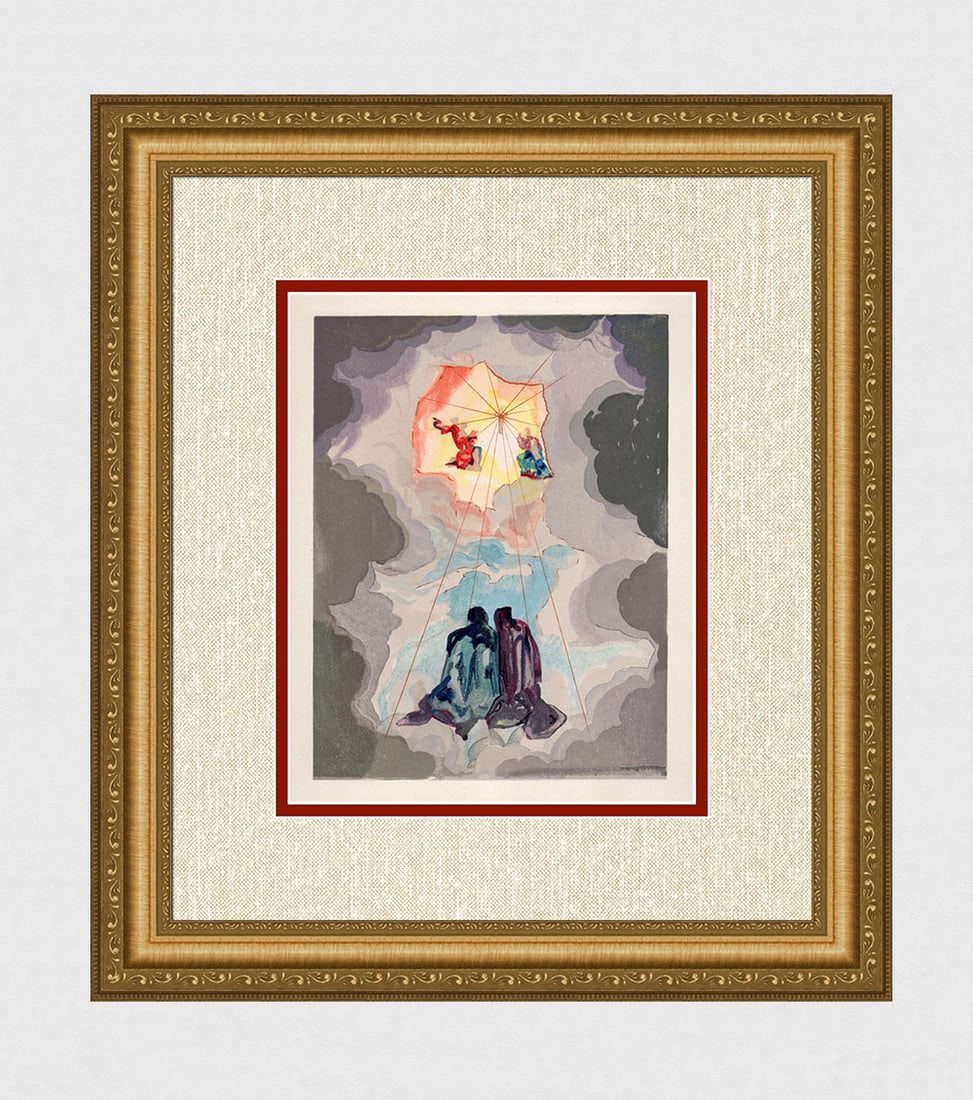 1960 Salvador Dali Ecstasy Authentic Woodcut: Salvador Dali. (1904-1989). "Dante's Ecstasy" Paradise Canto 15. Authentic Original Color Woodcut from The Divine Comedy Printed in 1960 on B.F.K. Rives Paper ( this is not a reproduction, copy, or re