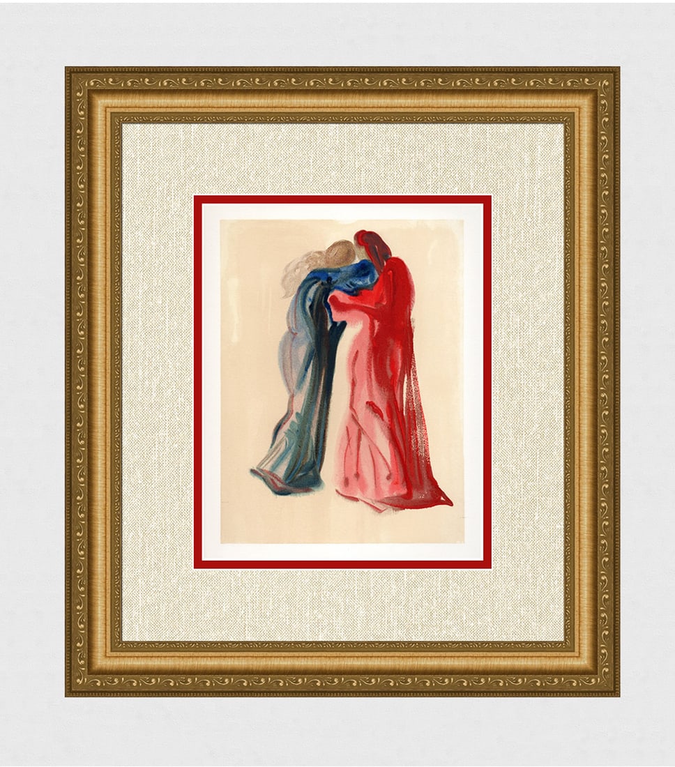 1960 Salvador Dali Dante Beatrice Authentic Woodcut: Salvador Dali. (1904-1989). "Meeting of Dante and Beatrice" Purgatory Canto 29. Authentic Original Color Woodcut from The Divine Comedy Printed in 1960 on B.F.K. Rives Paper ( this is not a reproducti