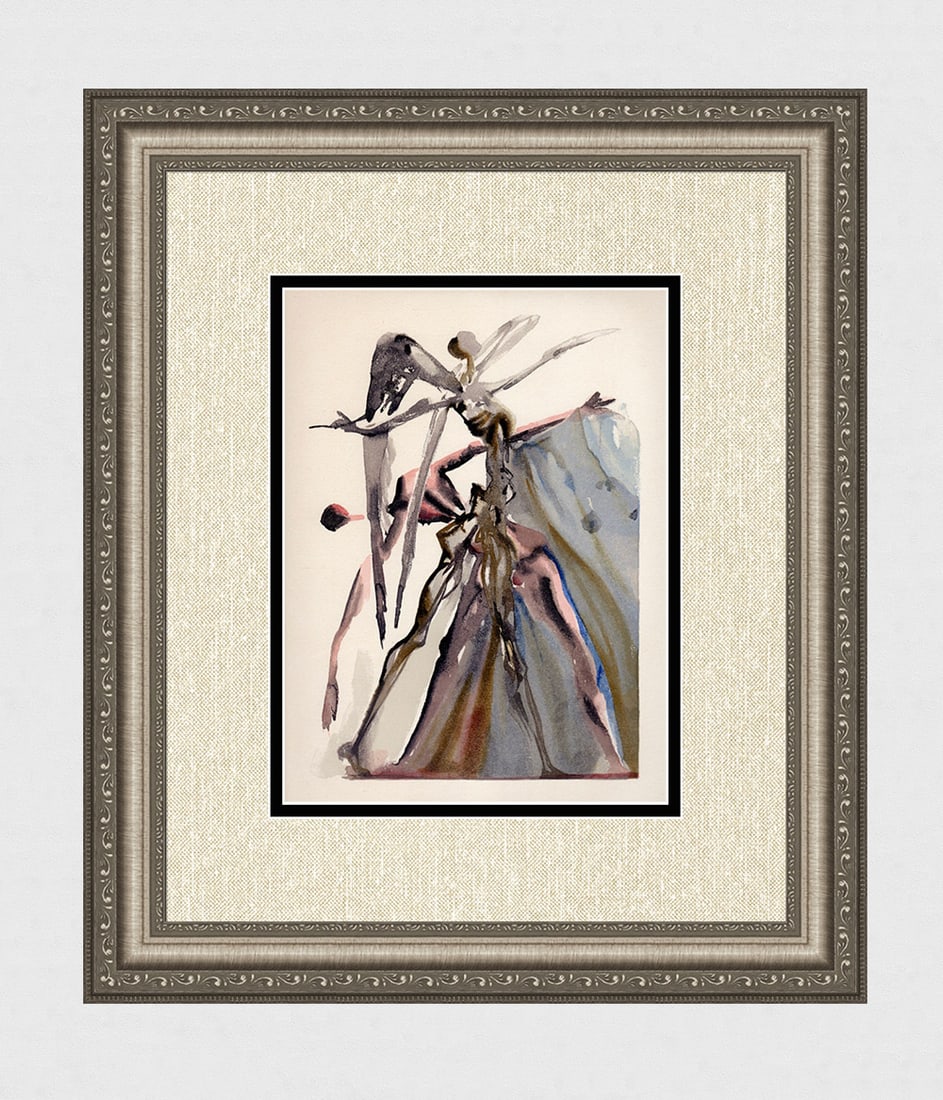 1960 Salvador Dali Negligent Authentic Woodcut: Salvador Dali. (1904-1989). "The Negligent Ones" Purgatory Canto 4. Authentic Original Color Woodcut from The Divine Comedy Printed in 1960 on B.F.K. Rives Paper ( this is not a reproduction, copy, or