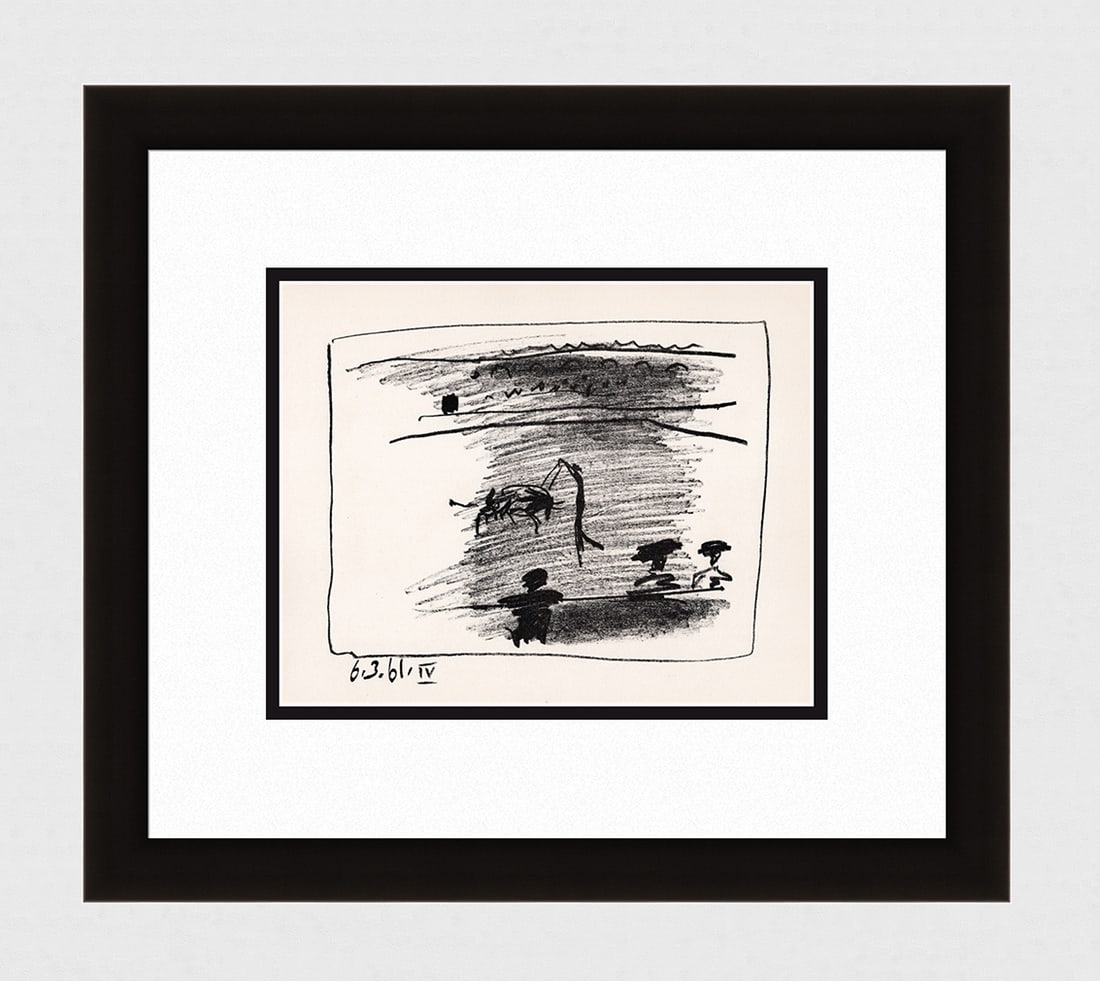 1961 Pablo Picasso La Pique IV Lithograph Framed Mourlot Bullfight: Pablo Picasso (Spanish,1881-1973).La Pique IV (Bloch 1016; Cramer 113). Original Transfer Lithograph on wove paper. 1961. Atelier Mourlot. Sheet Size: 9 1/2 x 12 1/2 inches. Sight size c. 8 x 10 inche