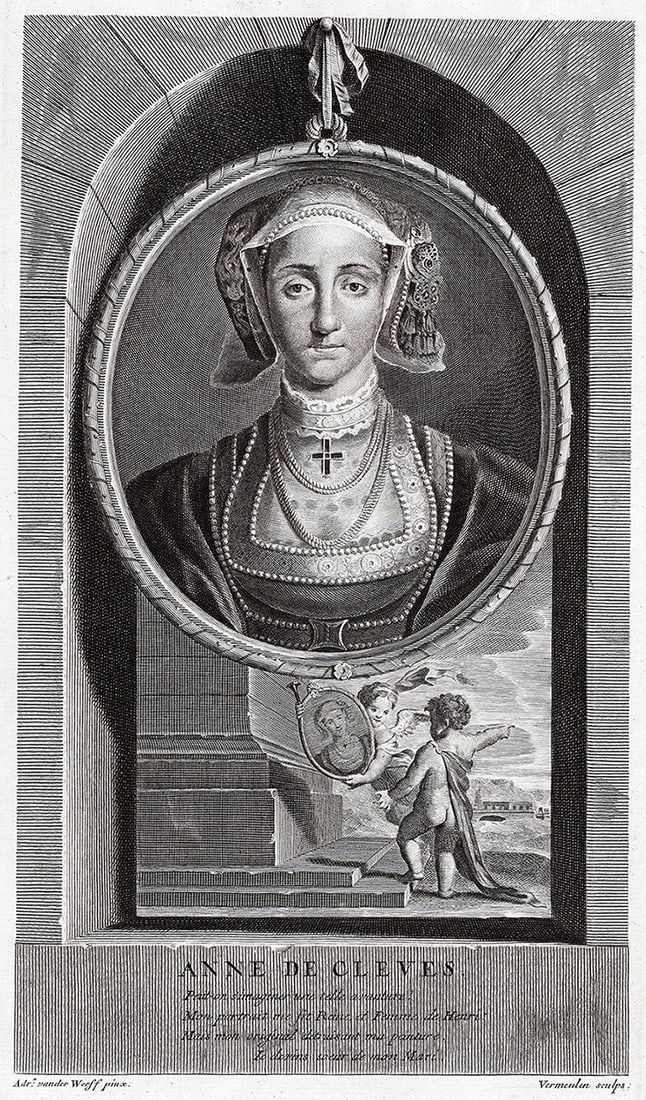 Adriaen van der Werff 1697 Engraving Anne of Cleves Queen Framed: Adriaen van der Werff (1659 - 1722). Anne of Cleves (1515-1557), Fourth Queen of Henry VIII. Antique engraving on laid paper after the original by master engraver Cornelis Vermeulen (Flemish, 1644 - 1