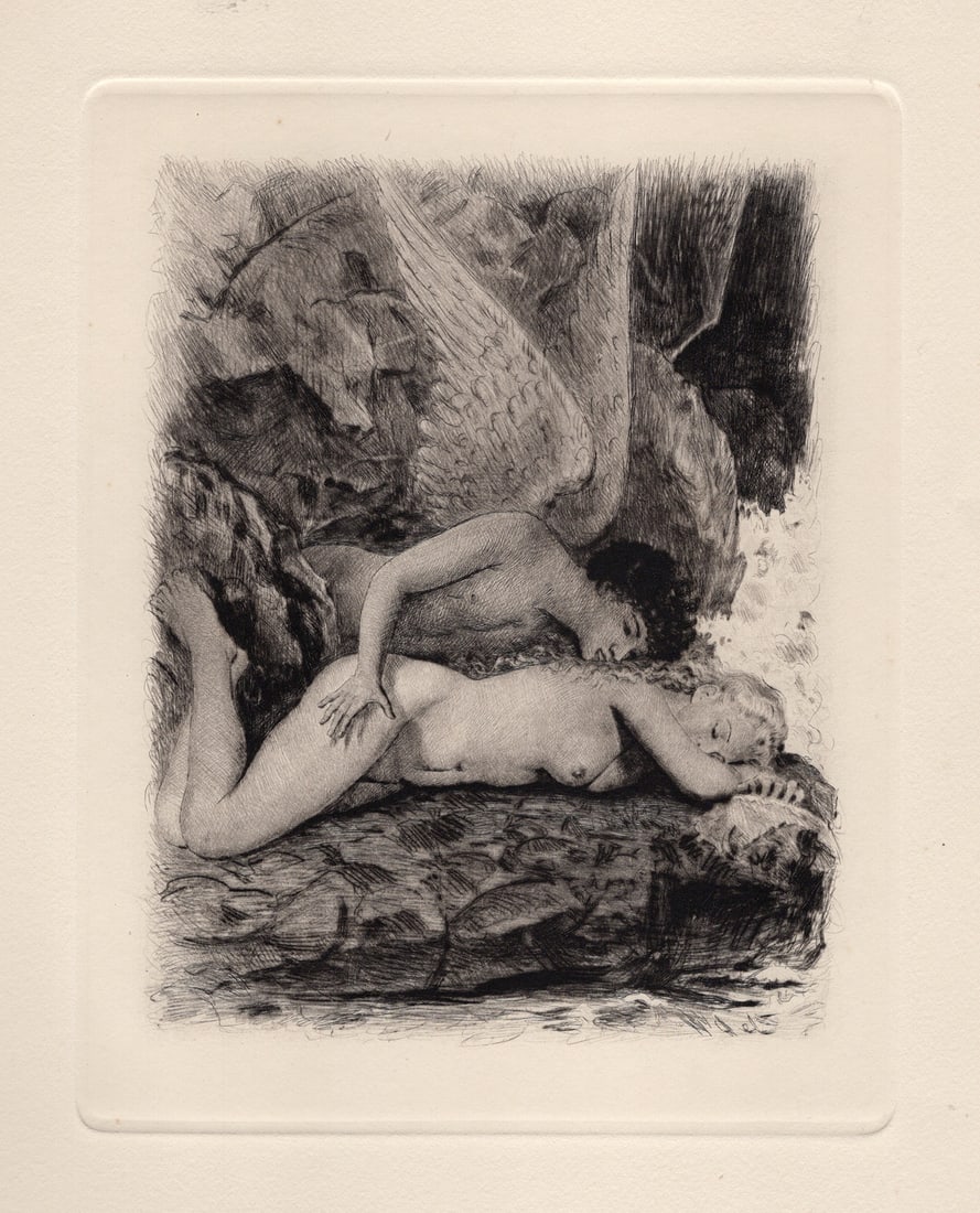 Cupid Rescues Psyche Original 1955 Paul-Emile Becat Limited Drypoint: Paul-emile Becat (French, 1885 - 1960). Cupid Rescues the Sleeping Psyche. Original drypoint etching on wove paper.Year: 1955. Edition Limited edition of 670. Publisher Les Heures Claires, Paris. Imag