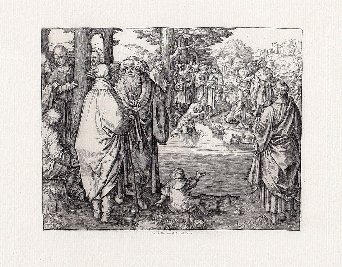Lucas van Leyden Baptism of Jesus Christ in the Jordan 1892 engraving: Lucas van Leyden. (1494 - 1533). Baptism of Jesus Christ in the Jordan. Antique engraving on laid paper after the original by master engraver Amand Durand (1831-1905). 1892. Signed in the plate, lower