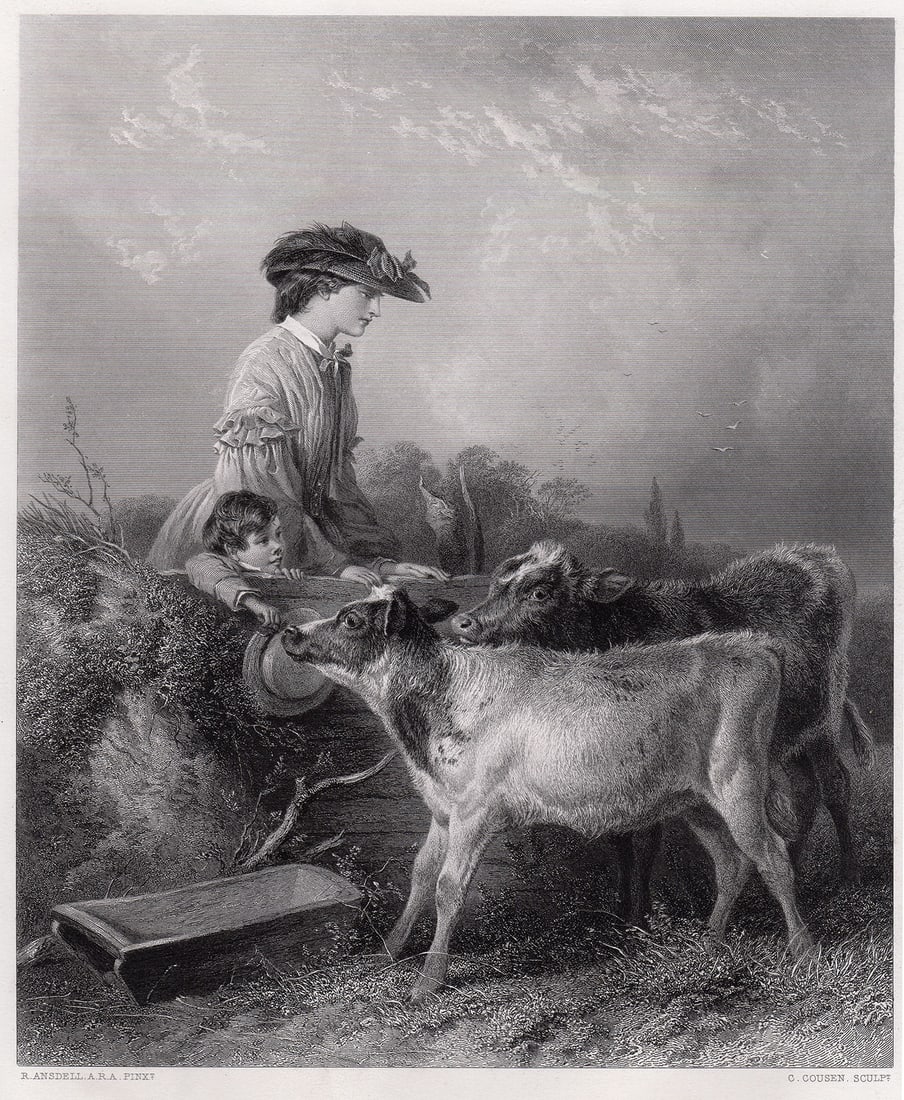 Richard Ansdell In the Pasture engraving signed: Richard Ansdell. (English, 1815-1885). In the Pasture. Antique engraving on wove paper after the original by master engraver Charles Cousin (1819-1889). 1869. Signed in the plate. Excellent. Image Siz