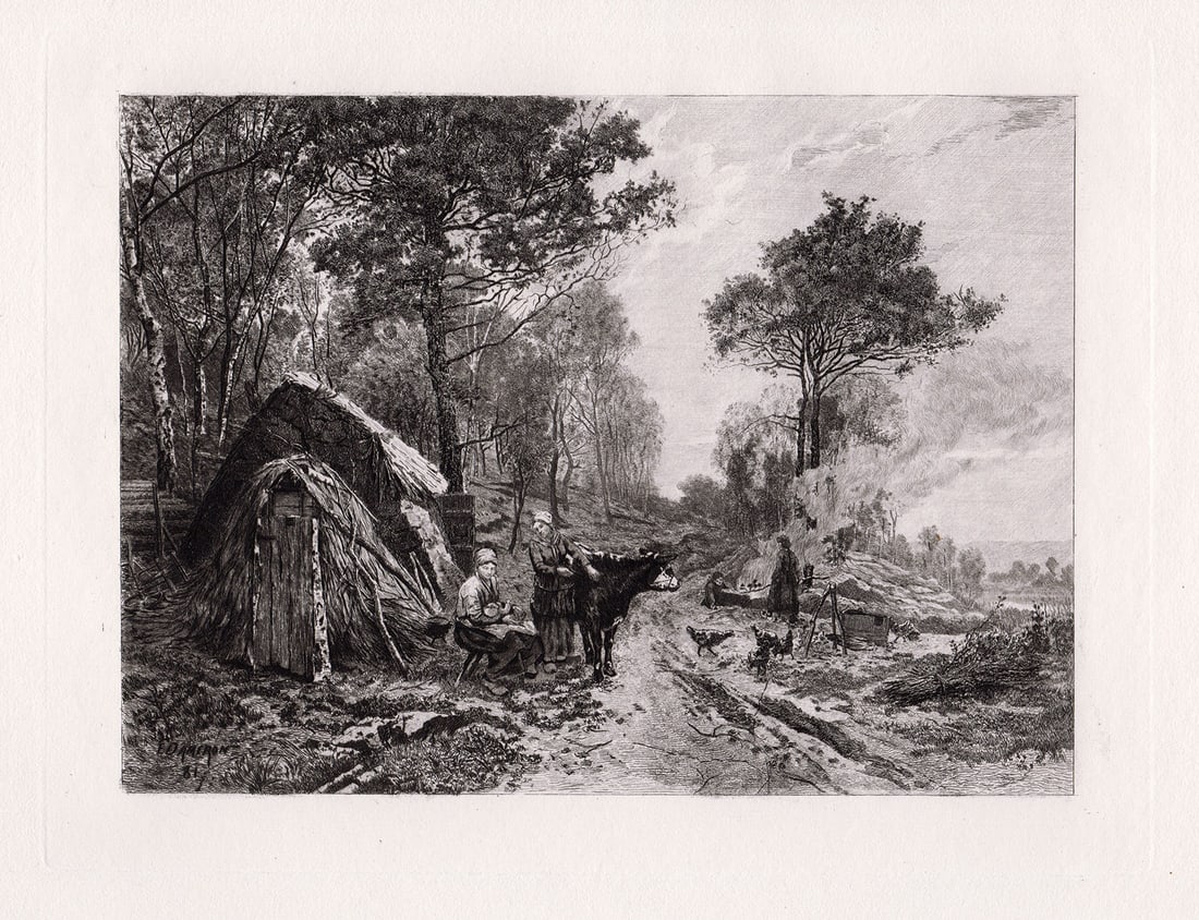 Emile-Charles Dameron The Woodcutters 1885 etching signed: Emile-Charles Dameron (French, 1848-1908). The Woodcutters. Antique Hand pulled copper plate etching on wove paper after the original by master etcher A. Masse. 1885. Signed in the plate, lower left. 