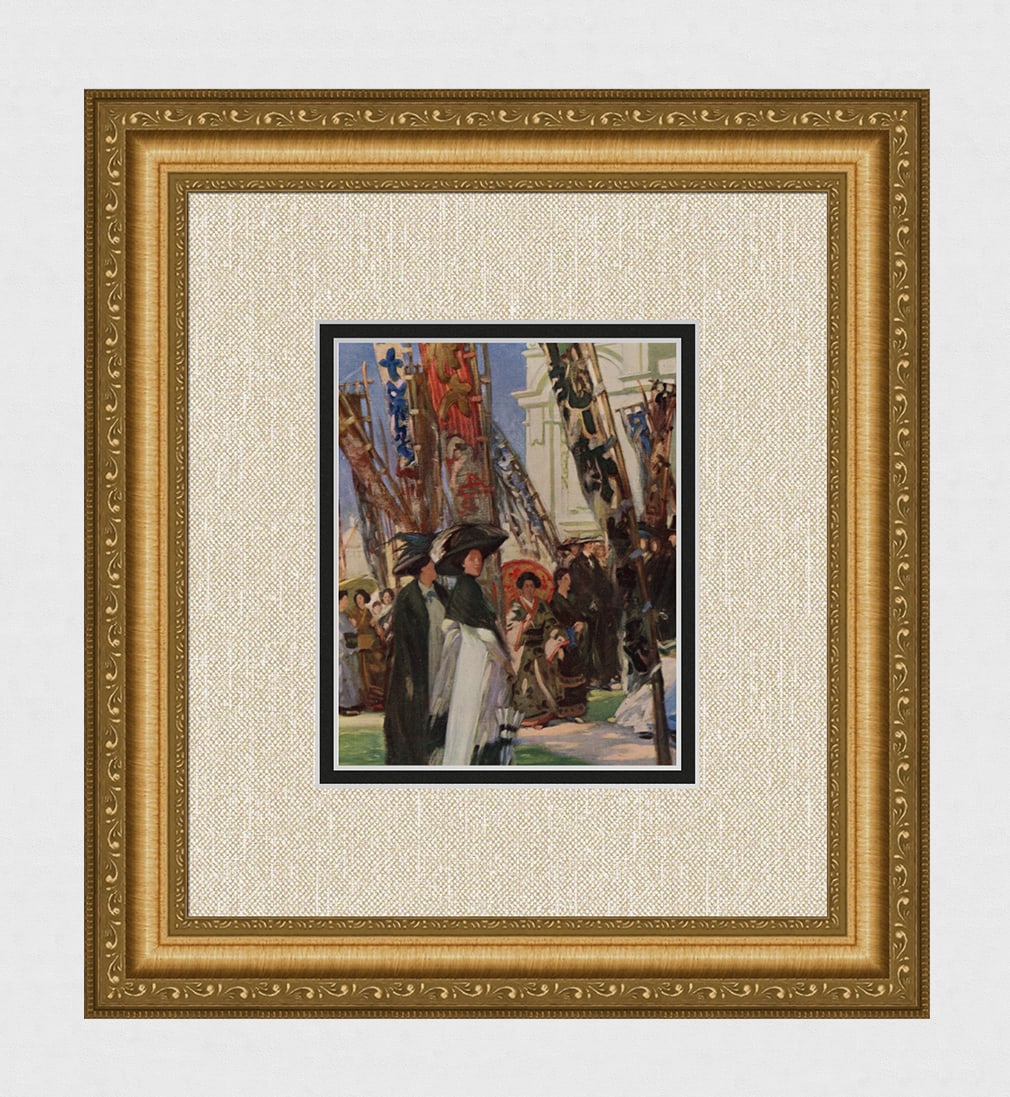 George H. Day Antique Color Print Japanese Festival, White City Framed: George H. Day (American, 1873- 1949). The Japanese Festival at the White City. Antique color print on wove paper after the original oil painting. Year: 1910/1911. Image Size 5 3/4 x 7 inches. Framed d