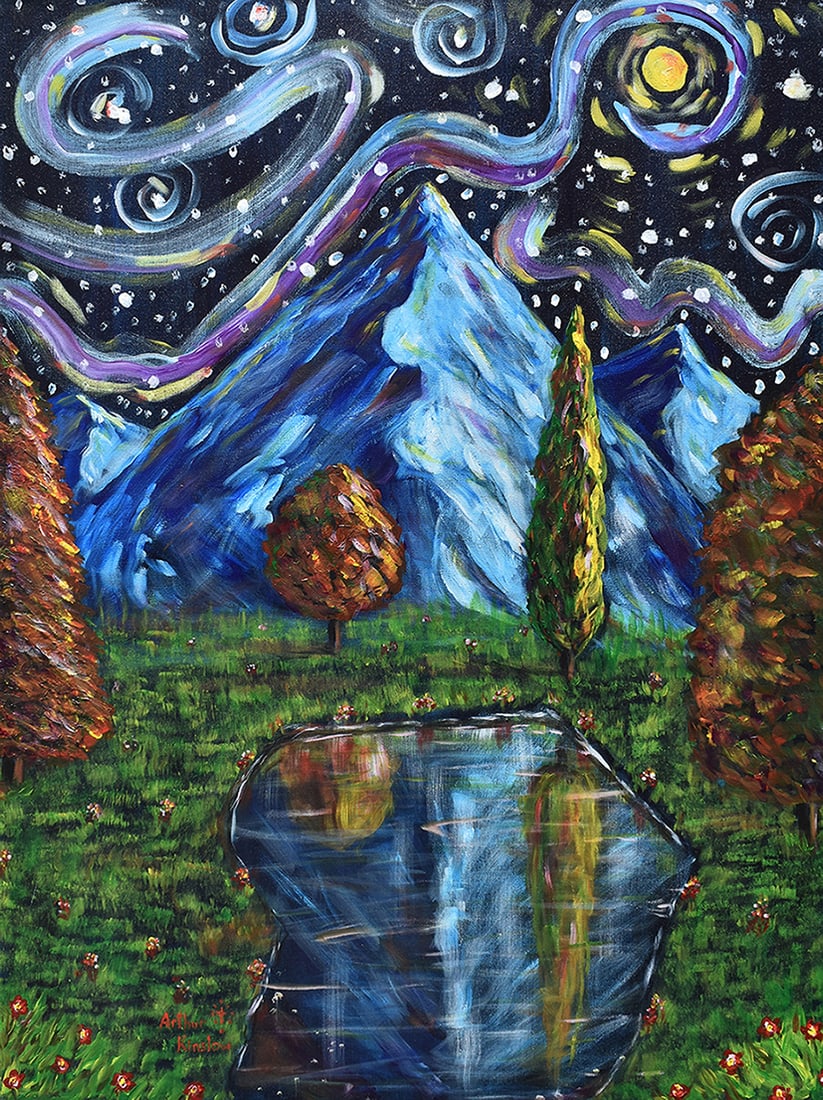 Arthur Kinslow Original Painting Starlight Mountains 30 x 40 Inches: Arthur Kinslow ( American, 1955 - ) Quiet Beauty. Original Acrylic on Canvas.Signed by the artist lower center. Canvas Size 30 x 40 inches. Arthur Kinslow has been involved in art his entire life and 