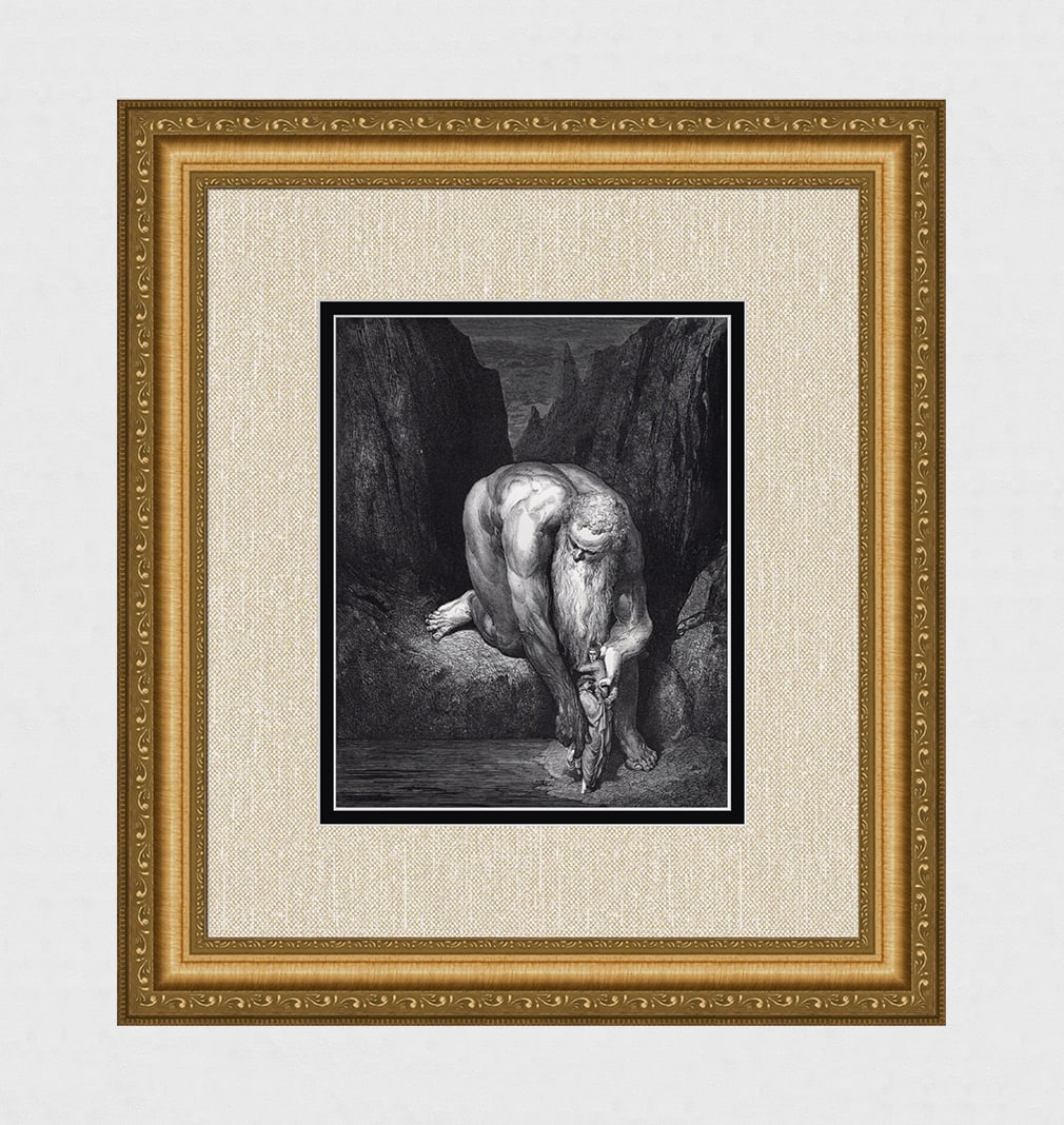 1800s Gustave Dore Religious Wood Engraving "The Giant Anteus" FRAMED: Gustave Dore (Paul Gustave Louis Christophe Dore) (French, 1832-1883). Chant 31 The Giant Anteus (Dante's Divine Comedy Enferno). Antique Wood Engraving on wove paper executed by master wood engraver.