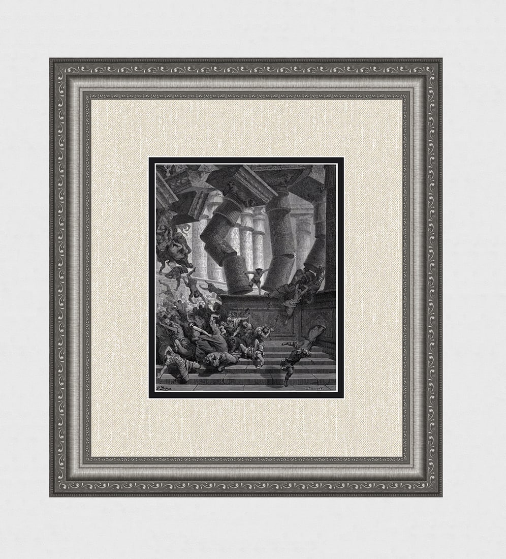 Gustave Dore 1800s Biblical Woodcut Samson Breaks Temple FRAMED Signed: Artist: Gustave Dore (Paul Gustave Louis Christophe Dore) (French, 1832-1883). The Death Of Samson (From Dore's Bible). Antique woodcut wove paper after the original by a master wood engraver Charles 