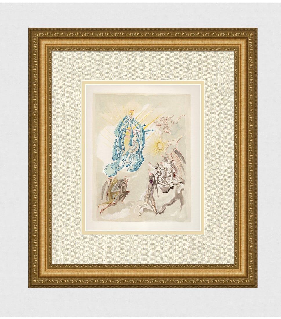 1960 Salvador Dali Sight Authentic Woodcut: Salvador Dali. (1904-1989). "Dante Recovers His Sight" Paradise Canto 26. Authentic Original Color Woodcut from The Divine Comedy Printed in 1960 on B.F.K. Rives Paper ( this is not a reproduction, co