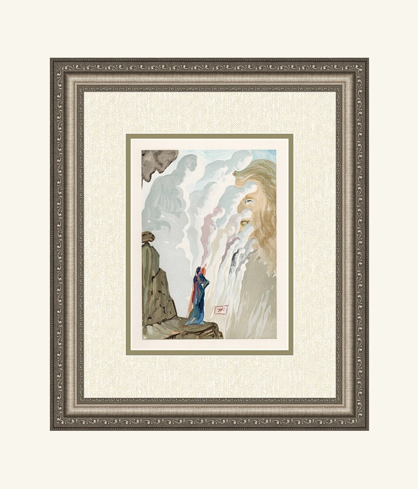 Salvador Dali 1960 Woodcut Beauty of Sculptures Signed Framed: Salvador Dali. "The Beauty of Sculptures" Purgatory Chant 12. Authentic Original Color Woodcut from The Divine Comedy Printed in 1960 on B.F.K. Rives Paper ( this is not a reproduction, copy, or repri