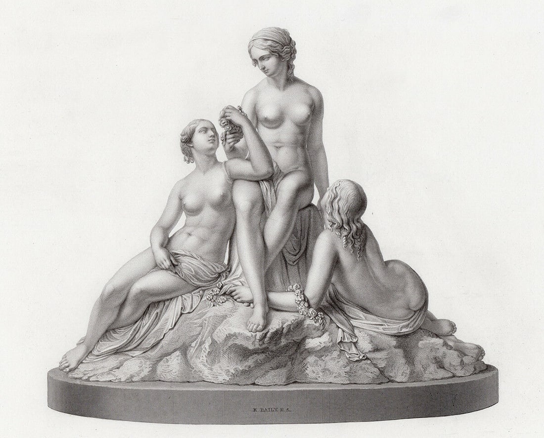 Edward Hodges Baily The Graces 1850 engraving: Edward Hodges Baily. (English, 1788 - 1867). The Graces. Antique engraving on wove paper after the original sculpture by master engraver Richard Austin Artlett (English, 1807 - 1873). 1850. Excellent.