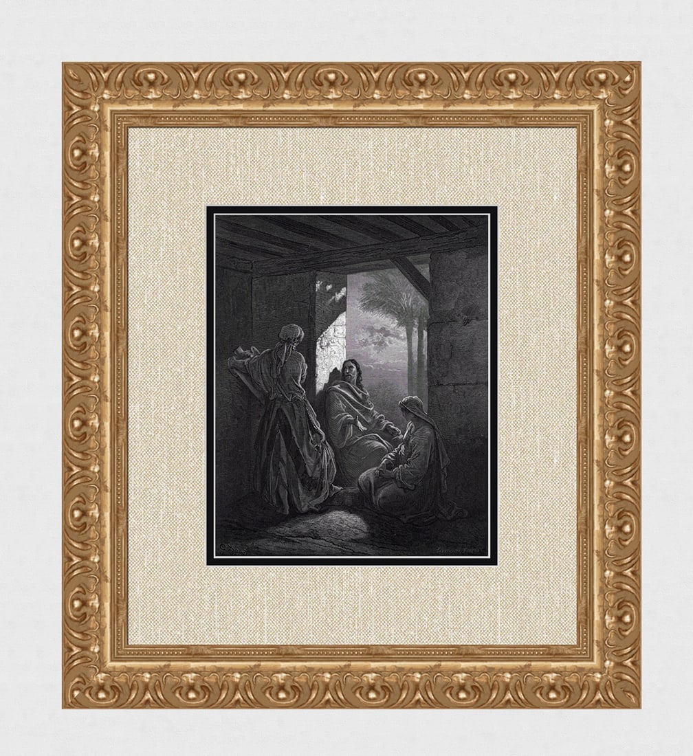 1800s Gustave DORE SIGNED Religious Woodcut JESSU , MARTHA & MARY Framed: Gustave Dore (Paul Gustave Louis Christophe Dore) (French, 1832-1883). Jesus at the House of Martha and Mary (from Dore's Bible). Antique woodcut wove paper after the original by a master wood engrave