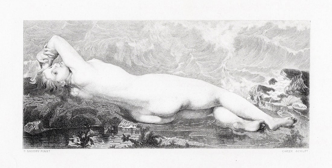 1862 Paul Baudry engraving The Pearl and the Wave signed: Paul-Jacques-Aime Baudry (1828-1886). The Pearl and the Wave. Antique engraving on wove paper after the original oil on canvas by master engraver Charles Carey (1824 - 1897). 1862. Signed in the plate