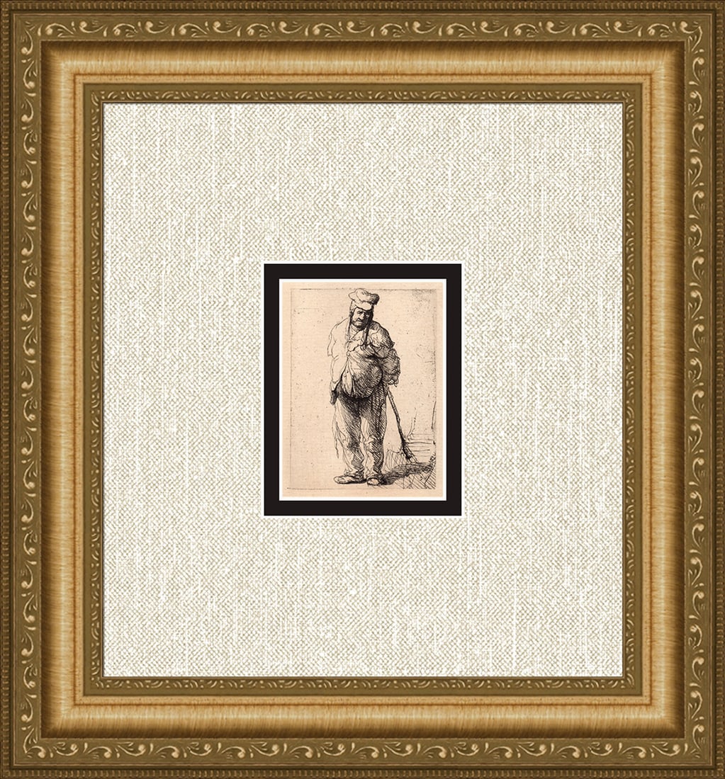 1800s REMBRANDT B172 Etching Standing Peasant with Stick DURAND Framed: After Rembrandt Harmenszoon Van Rijn (1606-1669). Peasant with his hands behind Him. Antique hand pulled copper plate etching on laid paper after the original by master etcher Amand Durand (1831 - 190
