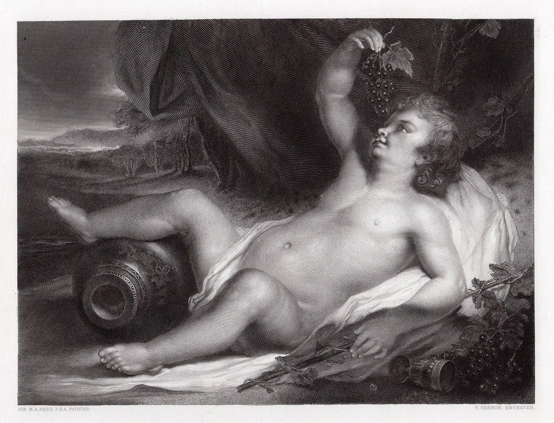 Sir Martin Archer Shee The Infant Bacchus 1852 engraving: Sir Martin Archer Shee. (Irish, 1769 - 1850). The Infant Bacchus. Antique engraving on wove paper after the original oil on canva by master engraver Thomas Vernon (English, c.1824-1872). 1852. Signed 