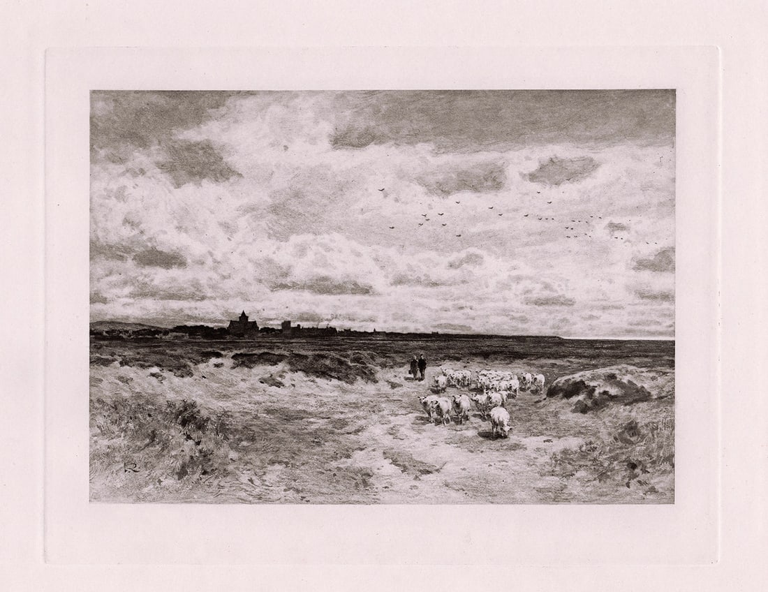 1887 Sir George Reid Dornoch print signed: Sir George Reid. (Scottish, 1841-1913). Dornoch. Antique heliogravure on wove paper after the original by master engraver Dujardin. 1887. Signed in the plate lower left. Excellent. Image Size 7 3/4 x 