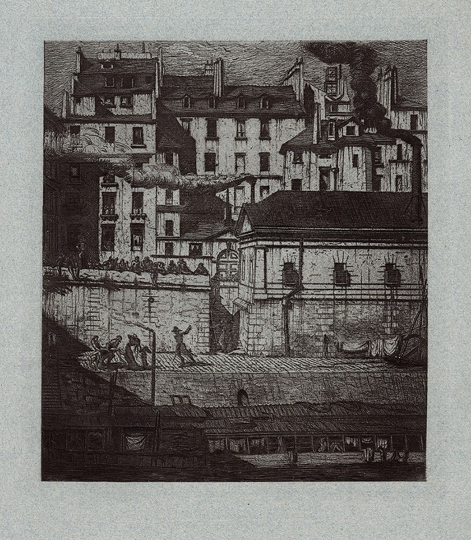 1879 Charles Meryon The Morgue Etching Durand: Charles Meryon (French, 1821-1868). "The Morgue ". Antique Copper plate engraving on blue tinted laid paper executed by master engraver Amand Durand (1831-1905). 1879. Excellent. Image Size - 7 1/4 x 