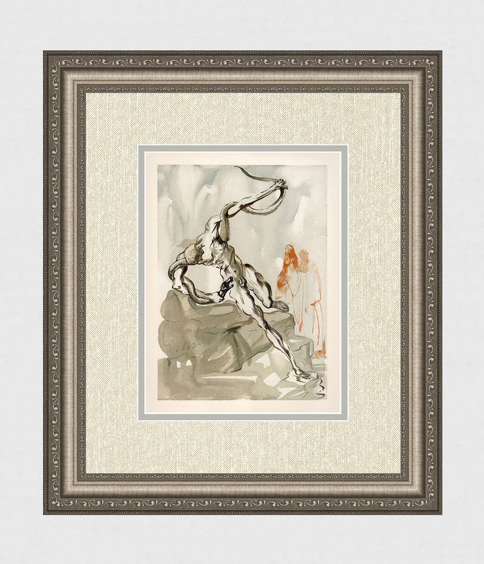 1960 Salvador Dali Thieves Authentic Woodcut: Salvador Dali. (1904-1989). "The Thieves" Enferno Canto 24. Authentic Original Color Woodcut from The Divine Comedy Printed in 1960 on B.F.K. Rives Paper ( this is not a reproduction, copy, or reprint